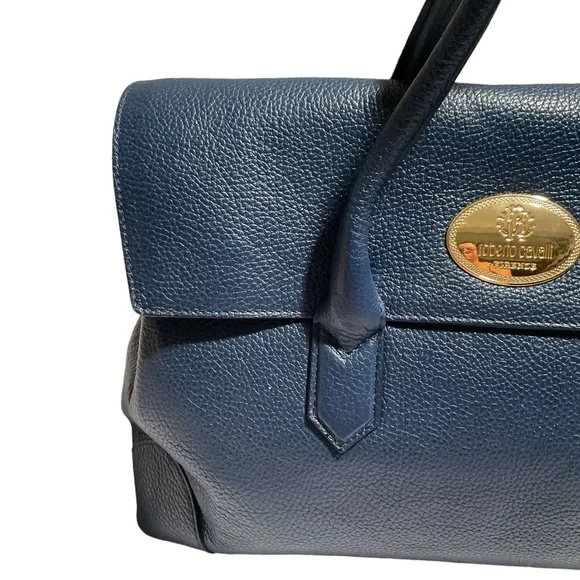 Roberto Cavalli Women’s Double Leather Handle Pebbled Blue Handbag - Picture 5 of 16